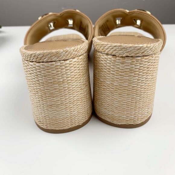 A New Day Arden Sandals Tan Raffia Ornamented Block Heels Women's 6.5 - Picture 9 of 10